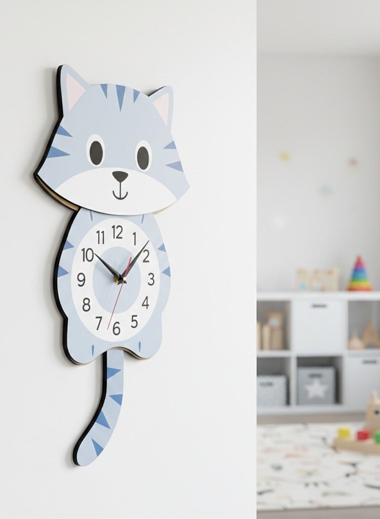 A wall clock with a moving pendulum in the shape of a white cat, featuring an attractive design, reliable quality, soothing colors, silent movement, and easy hanging to suit all tastes. - Image 2